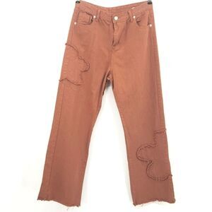 Kollyy Flare Leg Jeans Women Size Large Brown Flower Patch Embroidered High Rise